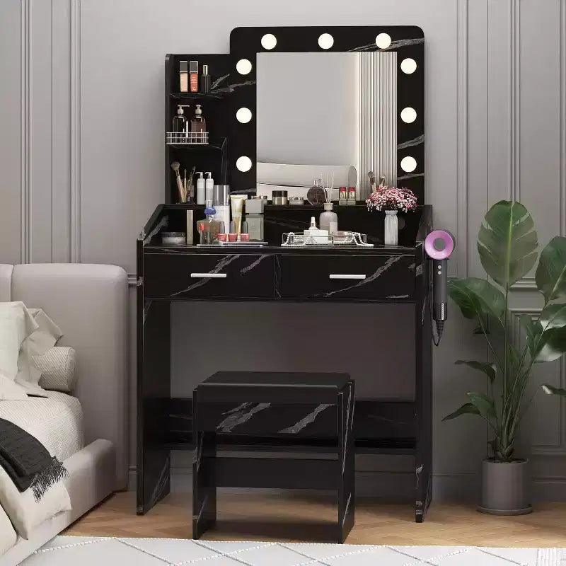 Coiffeuse avec miroir, coiffeuse avec tabouret rembourré, 3 modes d'éclairage et luminosité réglable