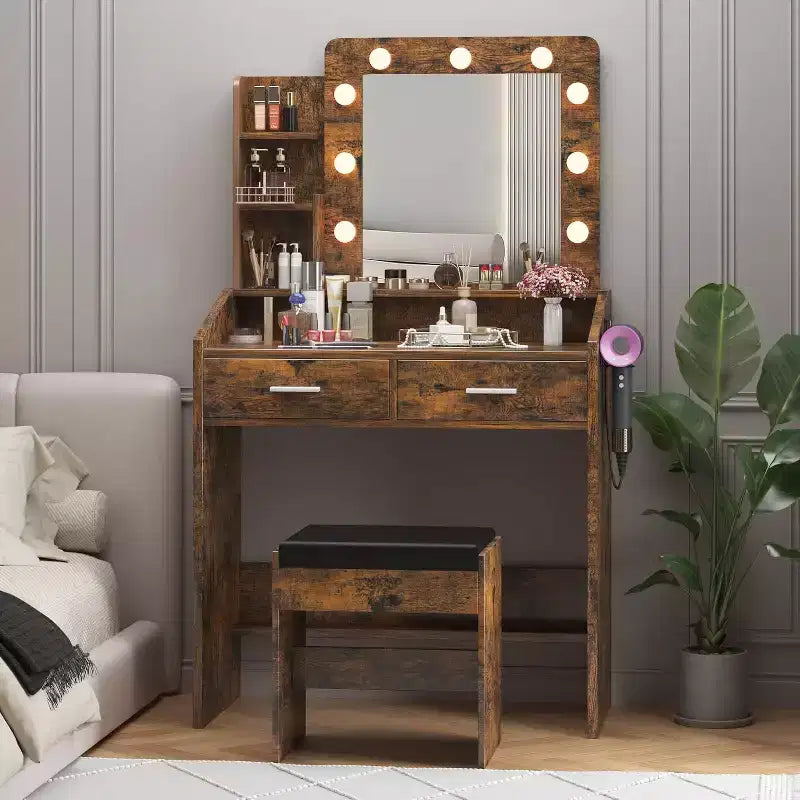 Coiffeuse avec miroir, coiffeuse avec tabouret rembourré, 3 modes d'éclairage et luminosité réglable