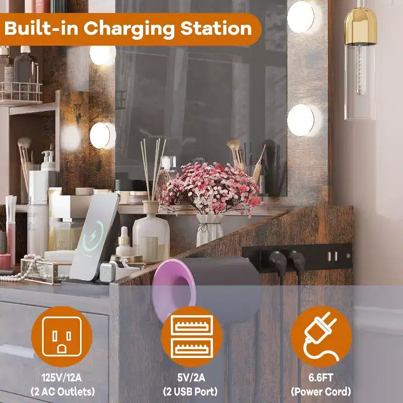 Coiffeuse avec miroir, coiffeuse avec tabouret rembourré, 3 modes d'éclairage et luminosité réglable