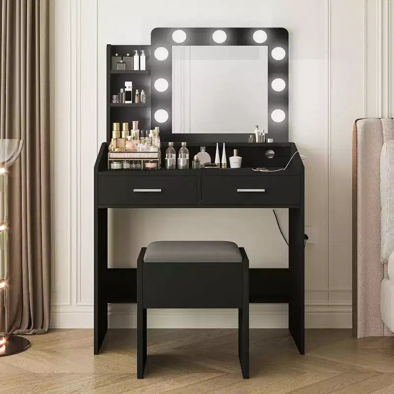 Coiffeuse avec miroir, coiffeuse avec tabouret rembourré, 3 modes d'éclairage et luminosité réglable