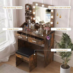 Coiffeuse avec miroir, coiffeuse avec tabouret rembourré, 3 modes d'éclairage et luminosité réglable