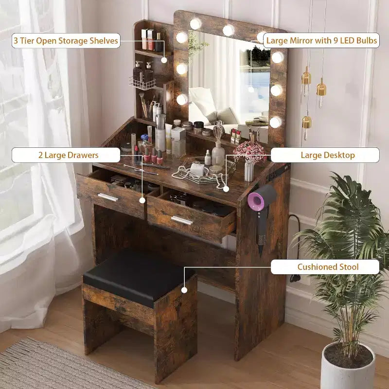Coiffeuse avec miroir, coiffeuse avec tabouret rembourré, 3 modes d'éclairage et luminosité réglable