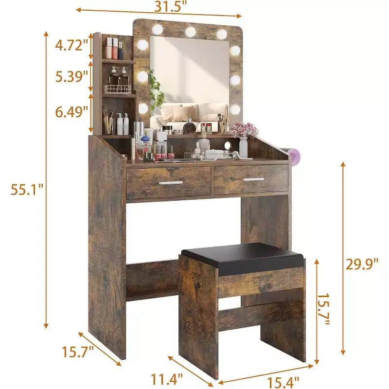 Coiffeuse avec miroir, coiffeuse avec tabouret rembourré, 3 modes d'éclairage et luminosité réglable