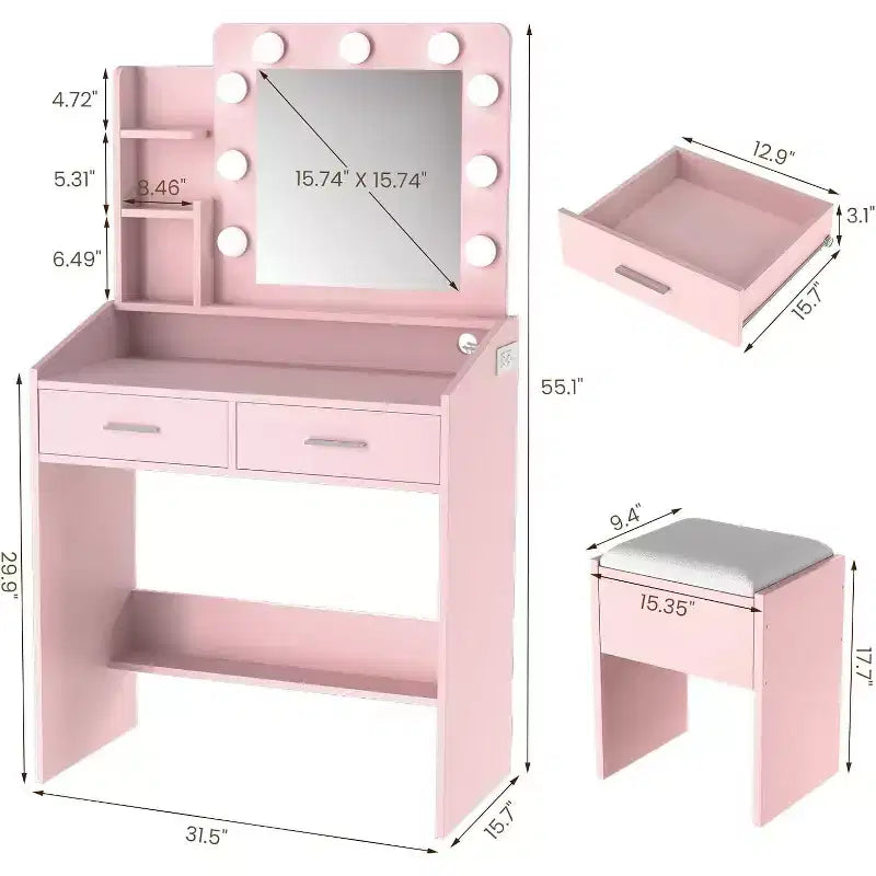 Coiffeuse avec miroir, coiffeuse avec tabouret rembourré, 3 modes d'éclairage et luminosité réglable