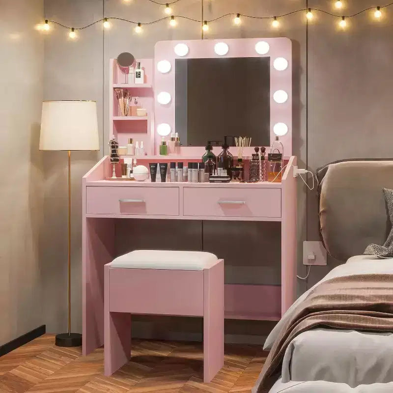 Coiffeuse avec miroir, coiffeuse avec tabouret rembourré, 3 modes d'éclairage et luminosité réglable
