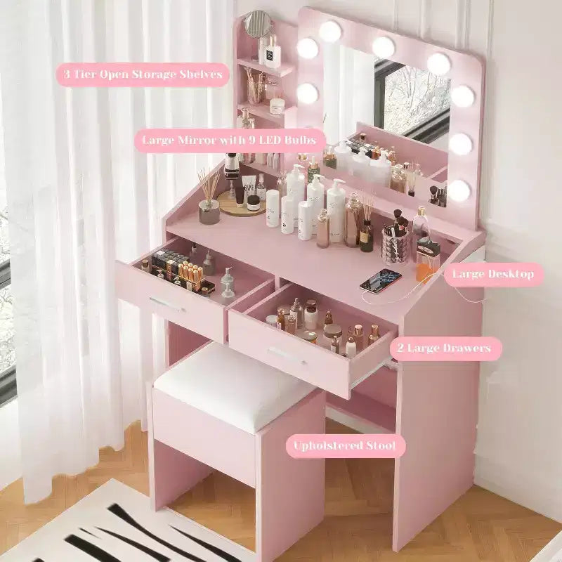 Coiffeuse avec miroir, coiffeuse avec tabouret rembourré, 3 modes d'éclairage et luminosité réglable