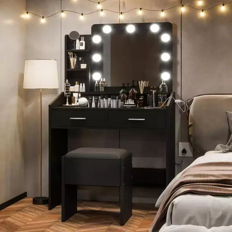 Coiffeuse avec miroir, coiffeuse avec tabouret rembourré, 3 modes d'éclairage et luminosité réglable