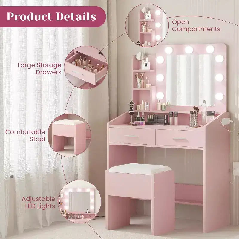 Coiffeuse avec miroir, coiffeuse avec tabouret rembourré, 3 modes d'éclairage et luminosité réglable