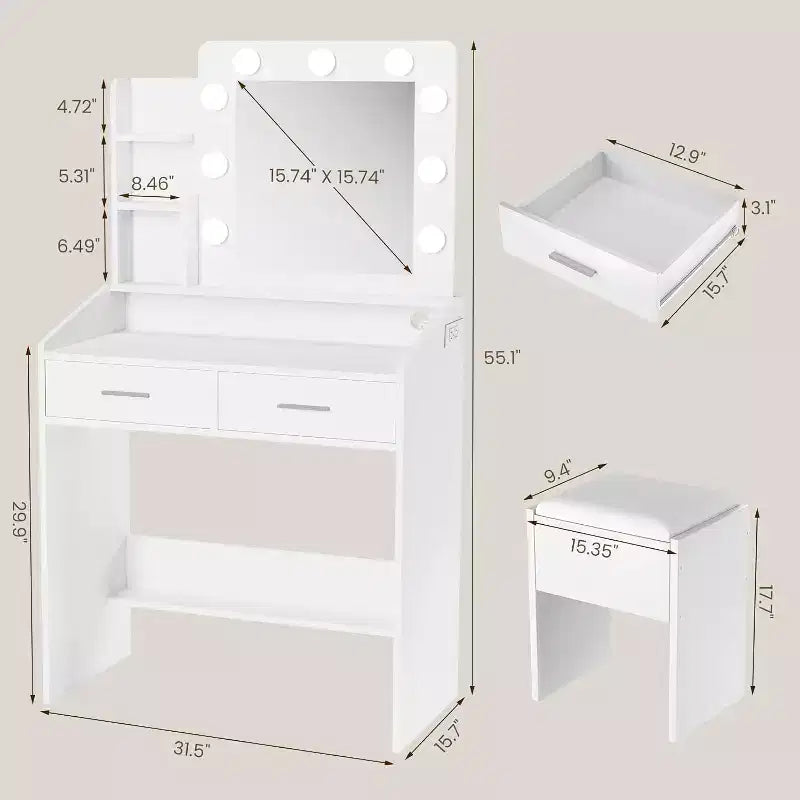 Coiffeuse avec miroir, coiffeuse avec tabouret rembourré, 3 modes d'éclairage et luminosité réglable