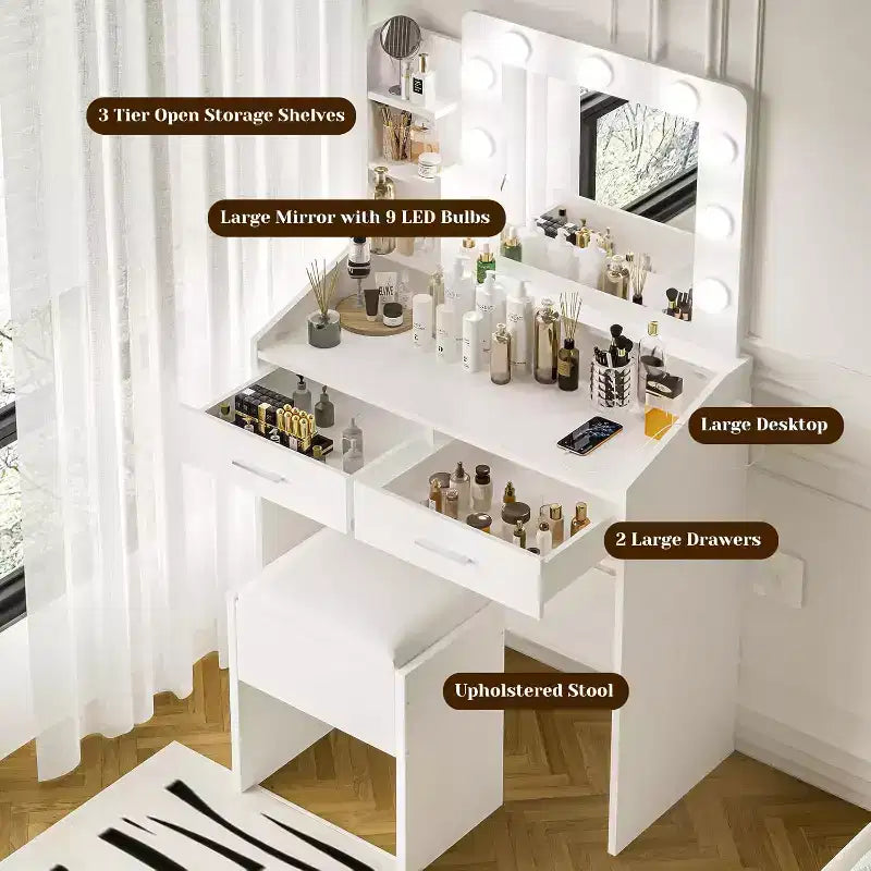 Coiffeuse avec miroir, coiffeuse avec tabouret rembourré, 3 modes d'éclairage et luminosité réglable