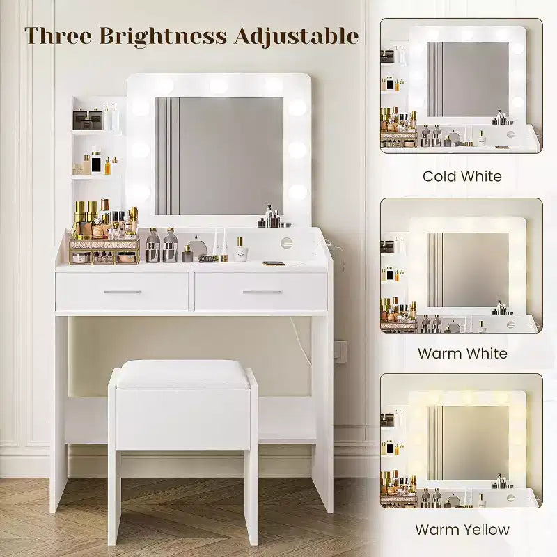 Coiffeuse avec miroir, coiffeuse avec tabouret rembourré, 3 modes d'éclairage et luminosité réglable