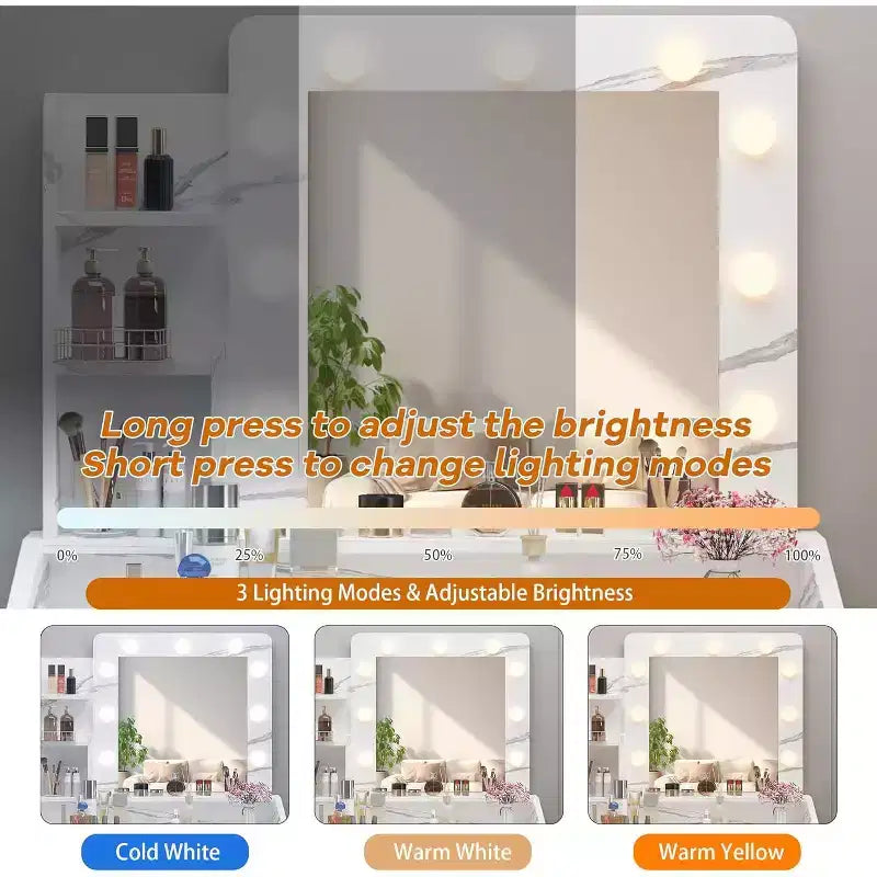 Coiffeuse avec miroir, coiffeuse avec tabouret rembourré, 3 modes d'éclairage et luminosité réglable