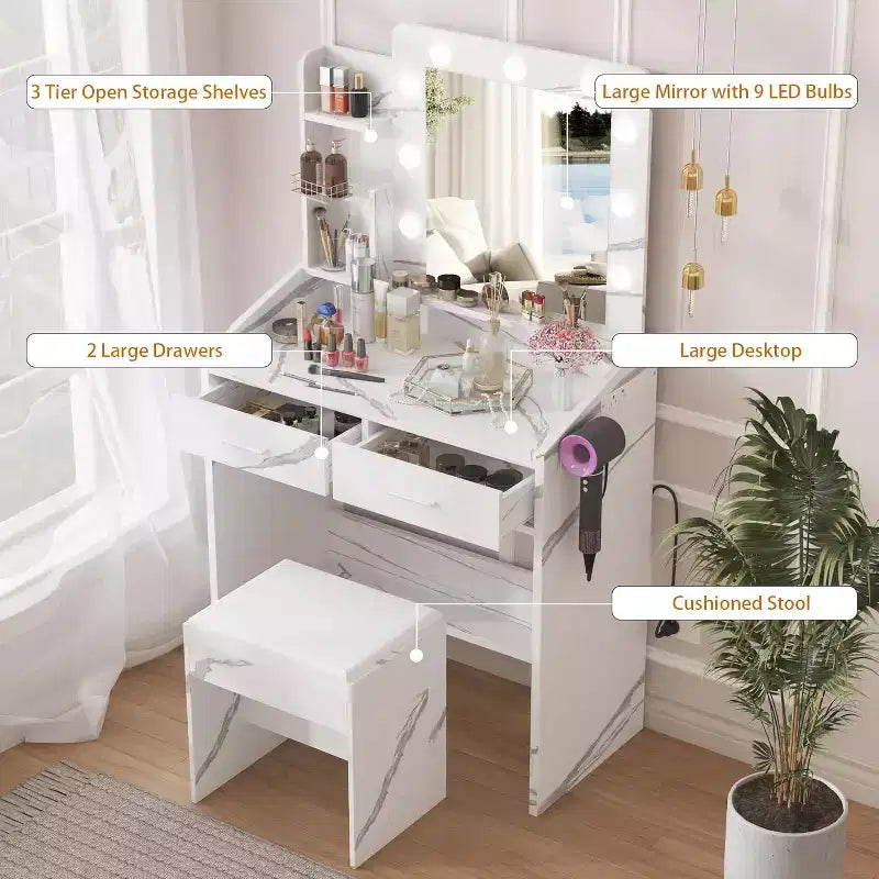 Coiffeuse avec miroir, coiffeuse avec tabouret rembourré, 3 modes d'éclairage et luminosité réglable