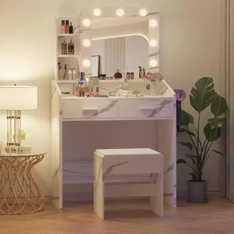 Coiffeuse avec miroir, coiffeuse avec tabouret rembourré, 3 modes d'éclairage et luminosité réglable