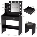 Coiffeuse avec miroir, coiffeuse avec tabouret rembourré, 3 modes d'éclairage et luminosité réglable