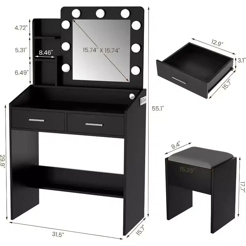 Coiffeuse avec miroir, coiffeuse avec tabouret rembourré, 3 modes d'éclairage et luminosité réglable