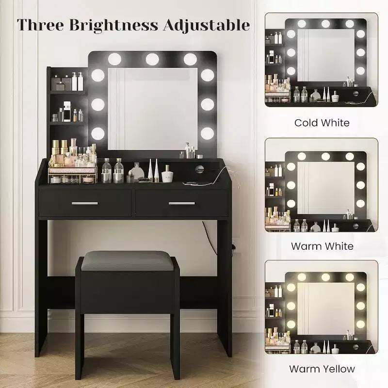 Coiffeuse avec miroir, coiffeuse avec tabouret rembourré, 3 modes d'éclairage et luminosité réglable