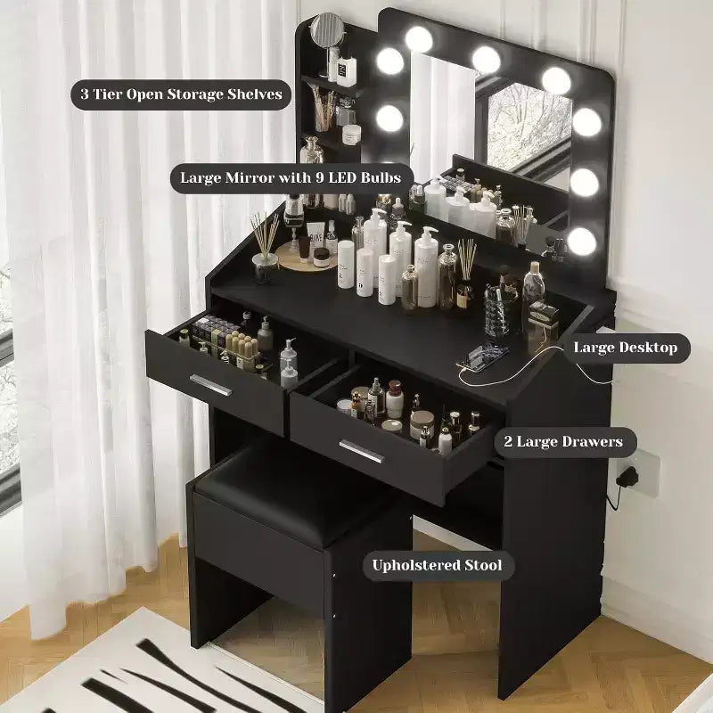 Coiffeuse avec miroir, coiffeuse avec tabouret rembourré, 3 modes d'éclairage et luminosité réglable