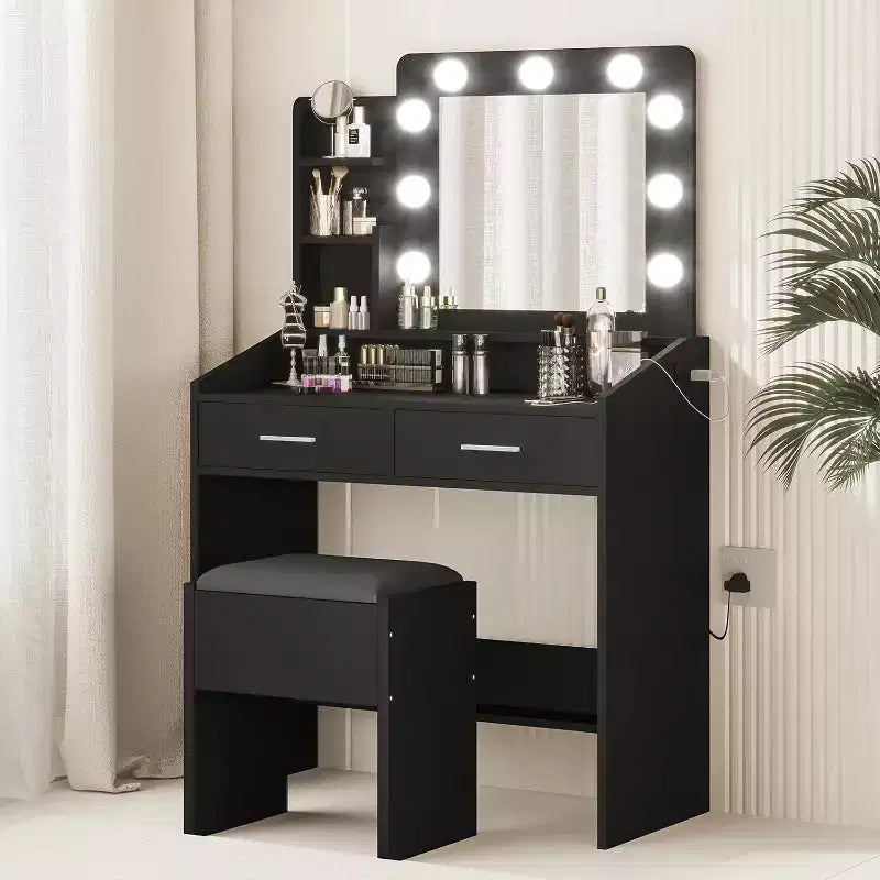 Coiffeuse avec miroir, coiffeuse avec tabouret rembourré, 3 modes d'éclairage et luminosité réglable