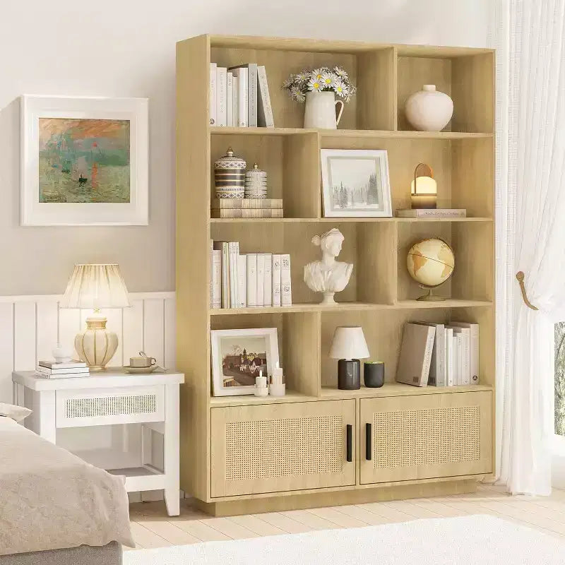 Bibliothèque bohème à 5 niveaux en bois avec portes en rotin, bibliothèque en bois avec rangement, étagère à plusieurs niveaux en rotin, grande bibliothèque pour salon