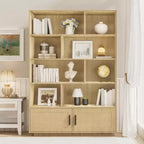 Bibliothèque bohème à 5 niveaux en bois avec portes en rotin, bibliothèque en bois avec rangement, étagère à plusieurs niveaux en rotin, grande bibliothèque pour salon