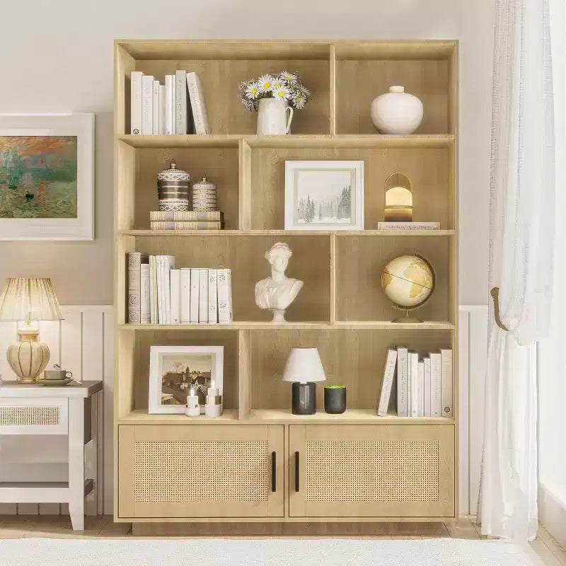 Bibliothèque bohème à 5 niveaux en bois avec portes en rotin, bibliothèque en bois avec rangement, étagère à plusieurs niveaux en rotin, grande bibliothèque pour salon