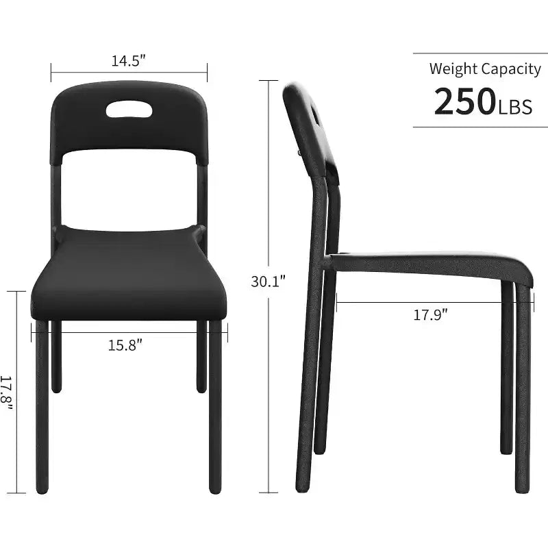 Lot de 1 chaise de salle à manger, chaises de cuisine modernes empilables, chaise de salle à manger en plastique avec pieds en métal, imperméable et résistante aux taches, noire