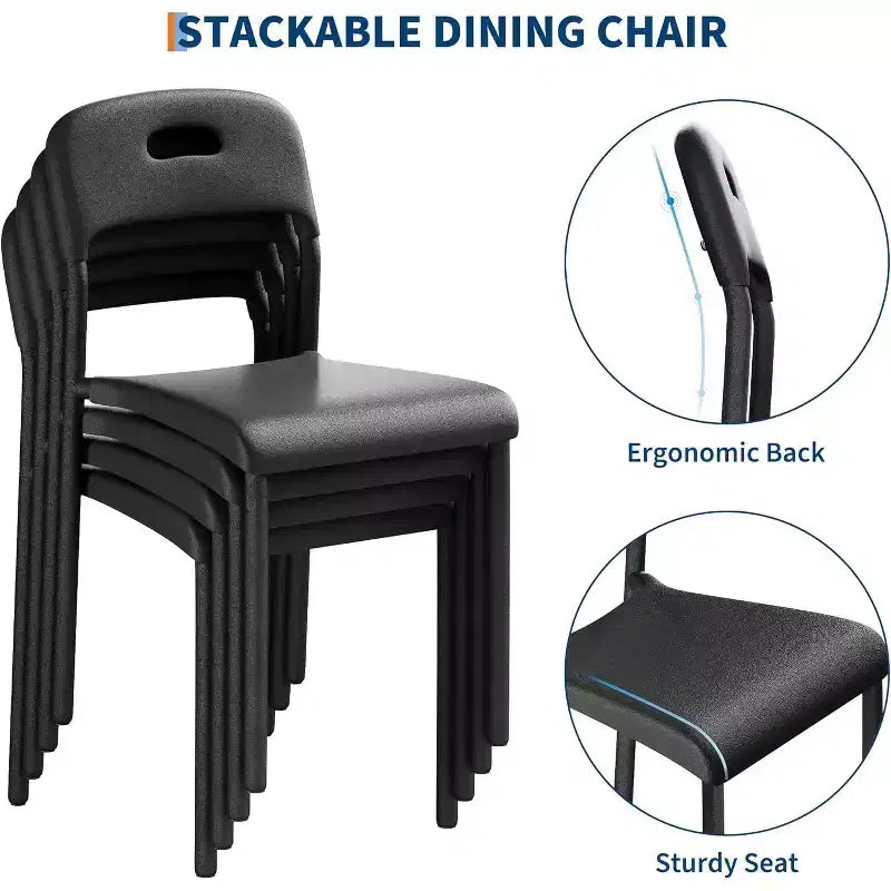 Lot de 1 chaise de salle à manger, chaises de cuisine modernes empilables, chaise de salle à manger en plastique avec pieds en métal, imperméable et résistante aux taches, noire