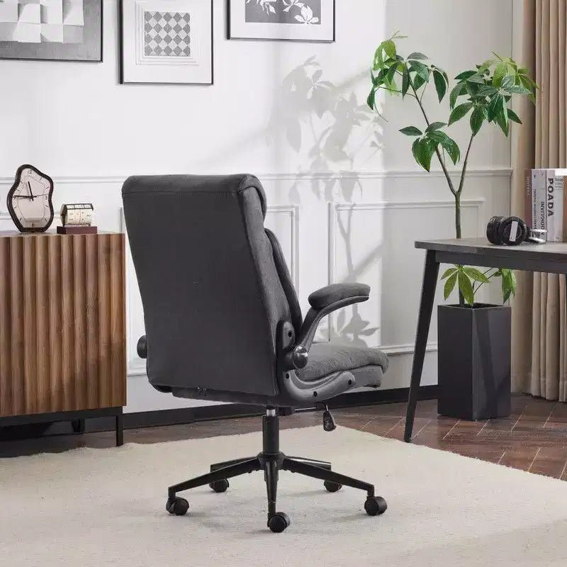 Chaise de bureau Karl Home | 28 pouces de large, dossier mi-hauteur, pivotante, en coton et lin, blanche, avec accoudoirs réglables