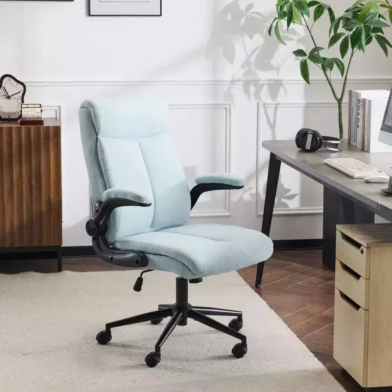 Chaise de bureau Karl Home | 28 pouces de large, dossier mi-hauteur, pivotante, en coton et lin, blanche, avec accoudoirs réglables