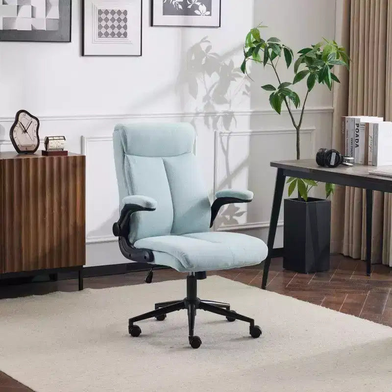 Chaise de bureau Karl Home | 28 pouces de large, dossier mi-hauteur, pivotante, en coton et lin, blanche, avec accoudoirs réglables