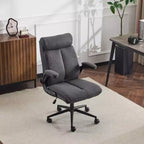 Chaise de bureau Karl Home | 28 pouces de large, dossier mi-hauteur, pivotante, en coton et lin, blanche, avec accoudoirs réglables