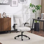 Chaise de bureau Karl Home | 28 pouces de large, dossier mi-hauteur, pivotante, en coton et lin, blanche, avec accoudoirs réglables