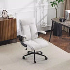Chaise de bureau Karl Home | 28 pouces de large, dossier mi-hauteur, pivotante, en coton et lin, blanche, avec accoudoirs réglables