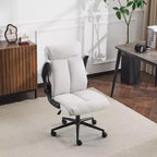 Chaise de bureau Karl Home | 28 pouces de large, dossier mi-hauteur, pivotante, en coton et lin, blanche, avec accoudoirs réglables