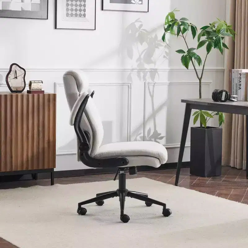 Chaise de bureau Karl Home | 28 pouces de large, dossier mi-hauteur, pivotante, en coton et lin, blanche, avec accoudoirs réglables