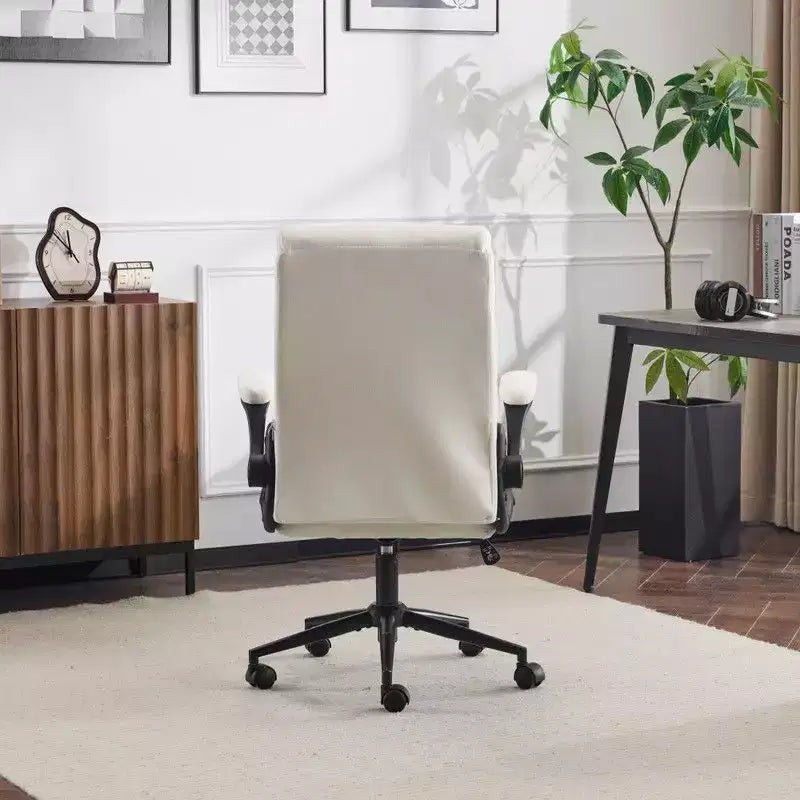 Chaise de bureau Karl Home | 28 pouces de large, dossier mi-hauteur, pivotante, en coton et lin, blanche, avec accoudoirs réglables
