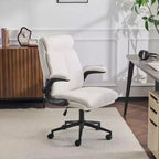 Chaise de bureau Karl Home | 28 pouces de large, dossier mi-hauteur, pivotante, en coton et lin, blanche, avec accoudoirs réglables