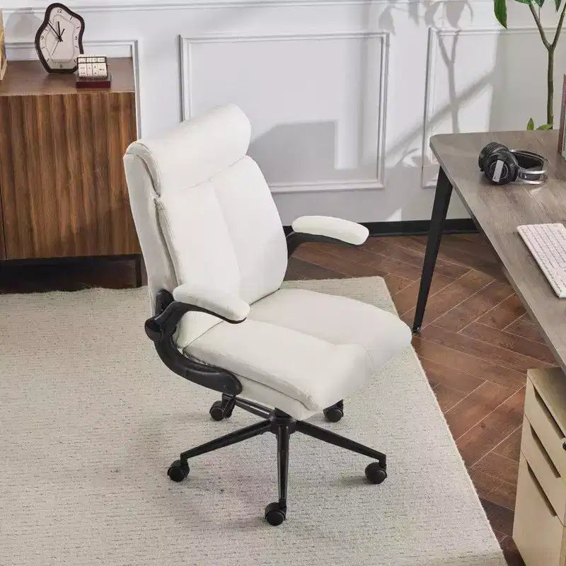 Chaise de bureau Karl Home | 28 pouces de large, dossier mi-hauteur, pivotante, en coton et lin, blanche, avec accoudoirs réglables