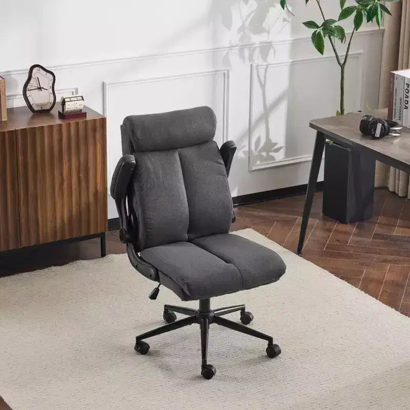 Chaise de bureau Karl Home | 28 pouces de large, dossier mi-hauteur, pivotante, en coton et lin, blanche, avec accoudoirs réglables