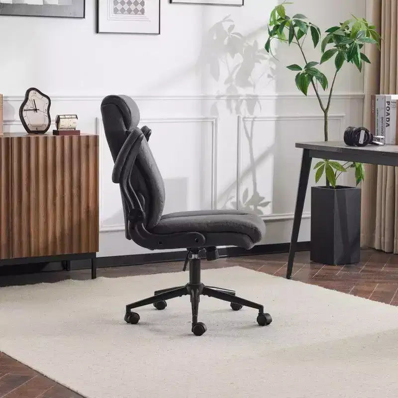 Chaise de bureau Karl Home | 28 pouces de large, dossier mi-hauteur, pivotante, en coton et lin, blanche, avec accoudoirs réglables