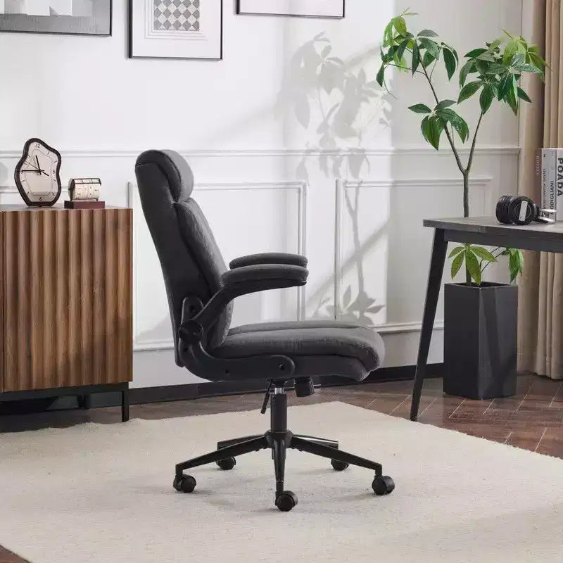 Chaise de bureau Karl Home | 28 pouces de large, dossier mi-hauteur, pivotante, en coton et lin, blanche, avec accoudoirs réglables