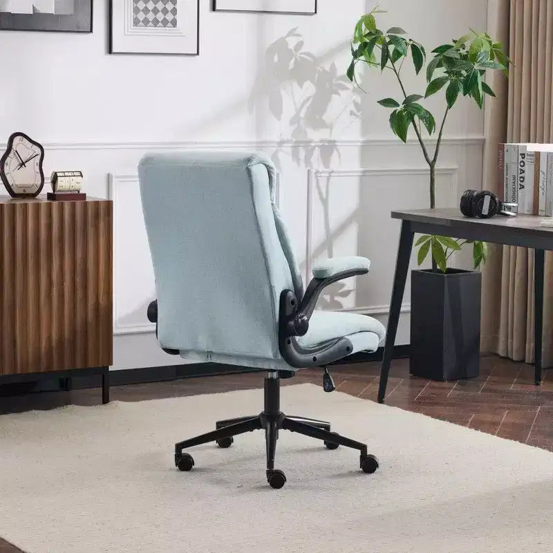 Chaise de bureau Karl Home | 28 pouces de large, dossier mi-hauteur, pivotante, en coton et lin, blanche, avec accoudoirs réglables