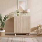 Meuble de rangement cannelé, buffet avec 2 portes, meuble d'appoint de cuisine avec étagères pour salon, entrée, couloir, naturel