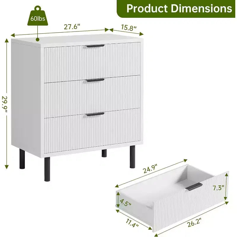 Commode moderne avec pieds en métal, commode à 3 tiroirs, table de chevet en bois avec rangement et dispositif anti-basculement, pour chambre à coucher, salon, blanc