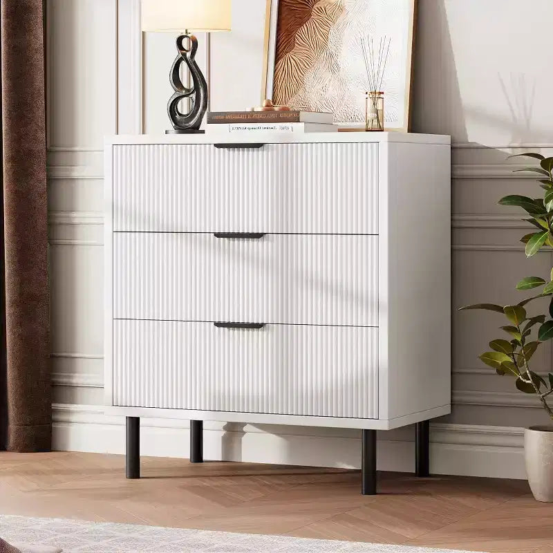 Commode moderne avec pieds en métal, commode à 3 tiroirs, table de chevet en bois avec rangement et dispositif anti-basculement, pour chambre à coucher, salon, blanc