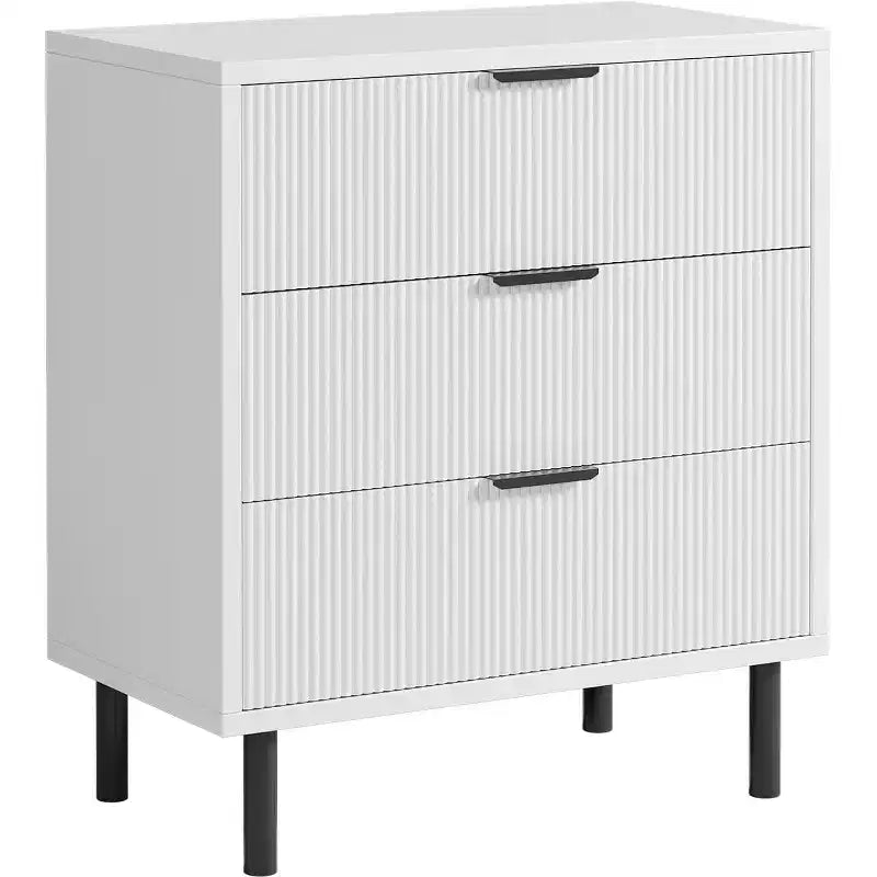 Commode moderne avec pieds en métal, commode à 3 tiroirs, table de chevet en bois avec rangement et dispositif anti-basculement, pour chambre à coucher, salon, blanc