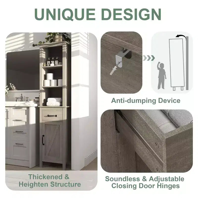 Meuble de rangement haut et étroit pour salle de bain, meuble de salle de bain fin autoportant pour petits espaces, meubles de rangement de salle de bain modernes avec étagères et tiroir