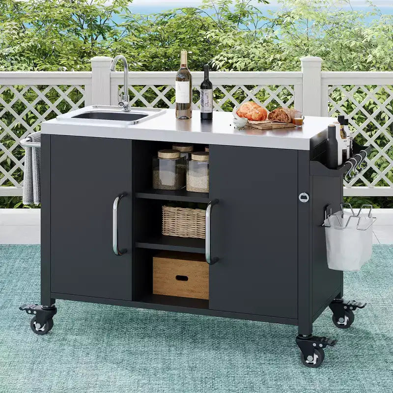 55.5 Outdoor Kitchen Island with Sink, Stainless Steel Prep Table with Spice Rack & Lockable Wheels, BBQ Grill Cart Station, Black - ModernLuxe