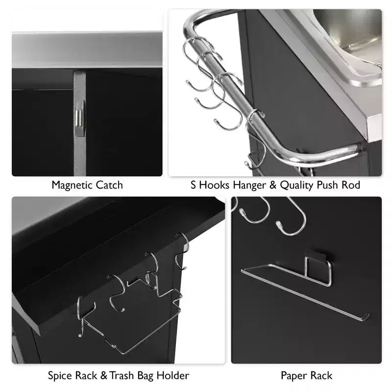 55.5 Îlot de cuisine d'extérieur avec évier, table de préparation en acier inoxydable avec porte-épices et roulettes verrouillables, chariot de barbecue, noir - ModernLuxe